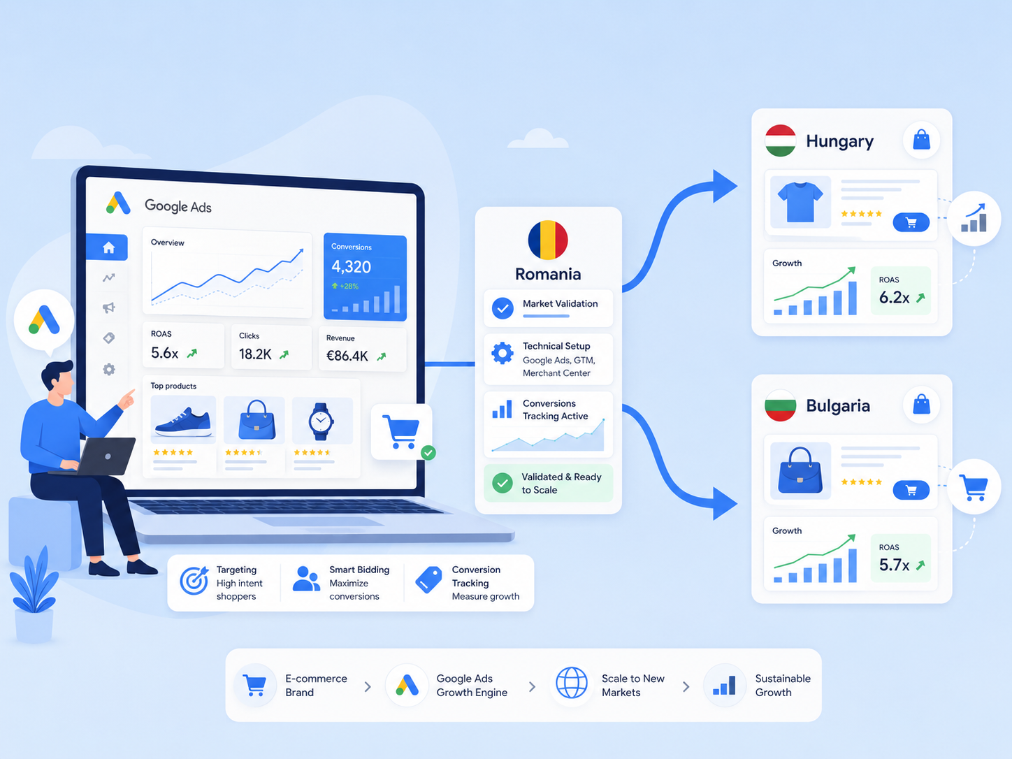 Cum să îți scalezi brandul e-commerce la nivel internațional prin Google Ads: De la validare la implementare tehnică în Ungaria și Bulgaria